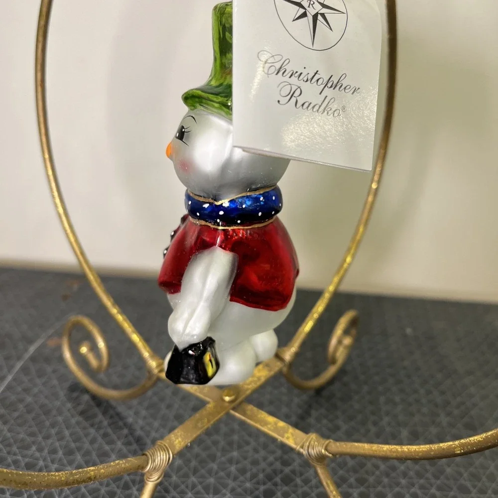 CHRISTOPHER RADKO Icenhowers Snowman Ornament Green Top Hat New, 4.75